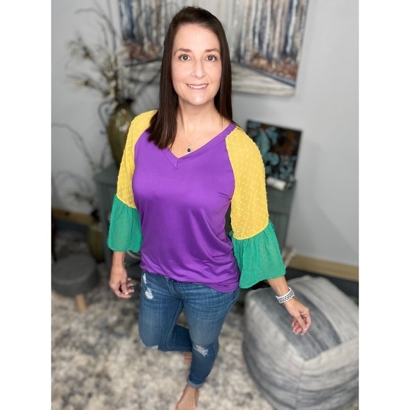 Mardi Gras Color Block Swiss Dot Flutter Bell Sleeves V Neck Tie Bottom 0724 - Picture 11 of 17